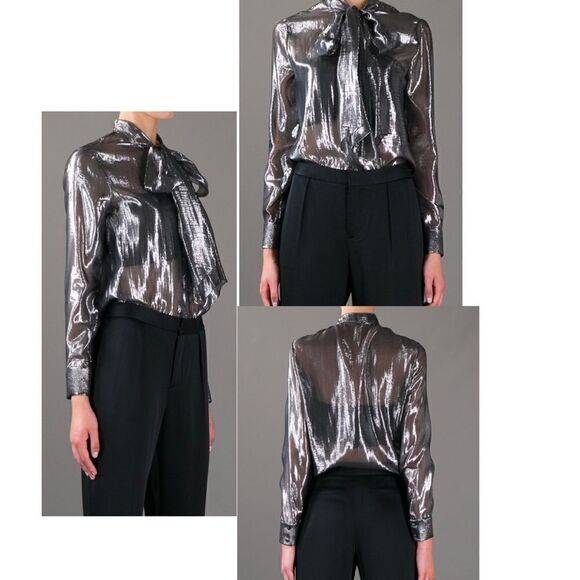 SAINT Laurent YSL Bow Neck Tie Metallic Silk Silver Collared Blouse Top Size 6 - Picture 11 of 14